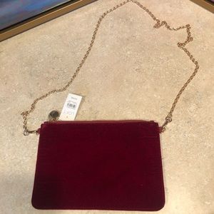 NWT Loft burgundy velvet clutch purse with detachable gold chain